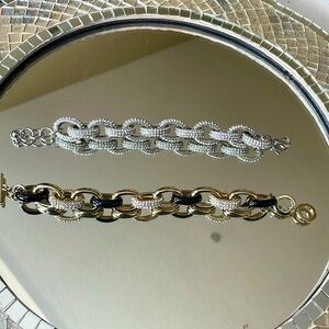 Ladies, beautiful silver, and gold and black rope bracelets